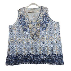 Catherines Womens 26 Blue  Yellow geometric Top With Embellished Beachy Casual